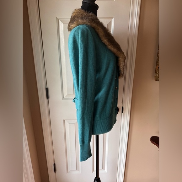 CAbi Teal Cardigan with Detachable Faux Fur Collar - Picture 8 of 9